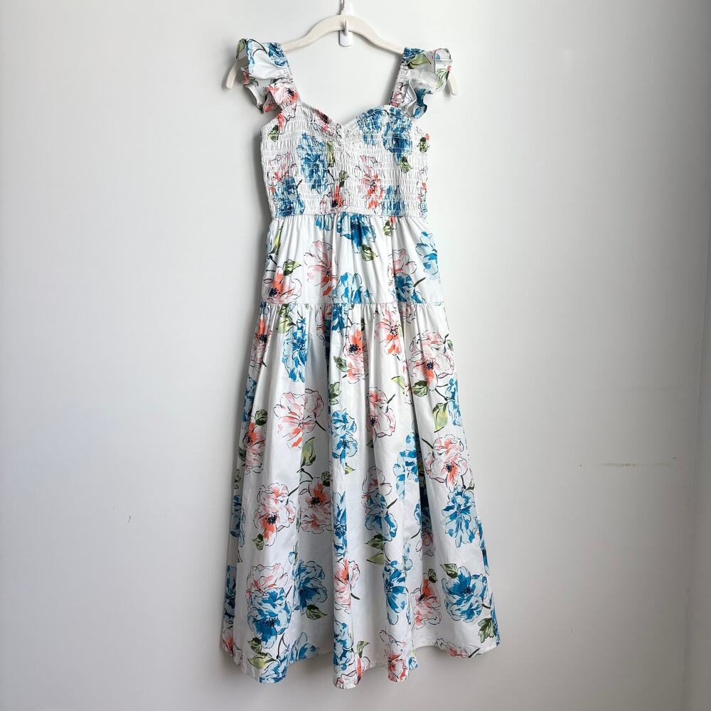 Abercrombie & Fitch White Poplin Floral Print Smocked Ruffle Sleeve Midi Dress